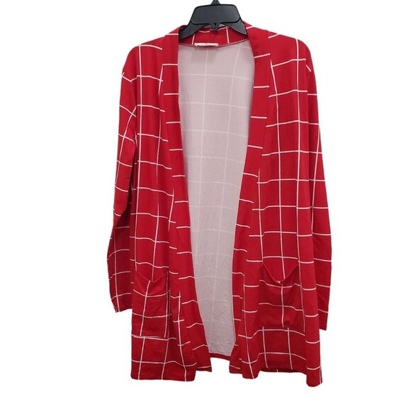Zenana Women's Red White Windowpane Plaid Long Open Front Jersey Cardigan Sz‎ XL - Picture 1 of 5